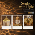 Lampe de chevet sans fil dorée, abat-jour strié et boule à facettes