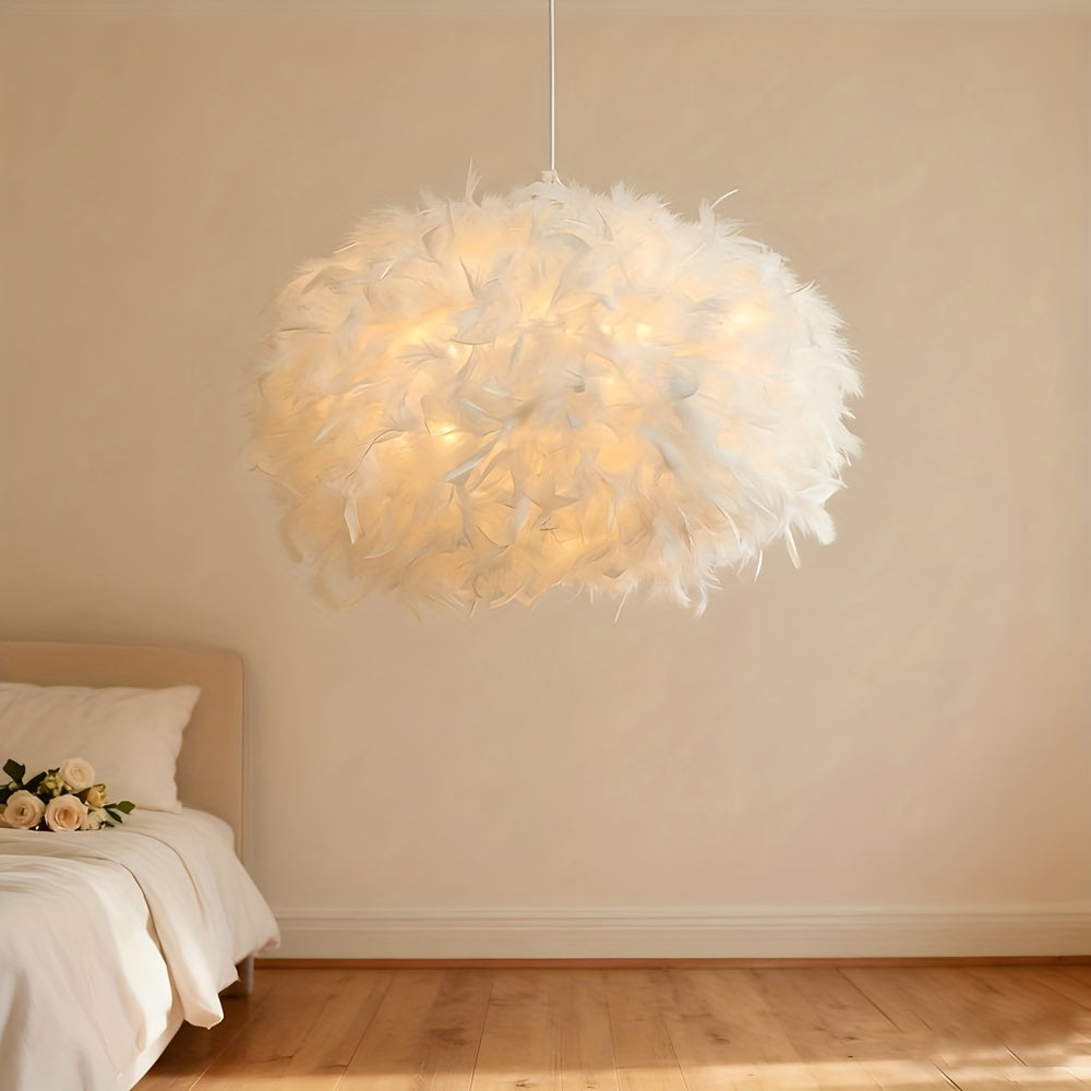 Grand abat-jour en plumes blanches pour suspension, Ø 50 x H 30 cm