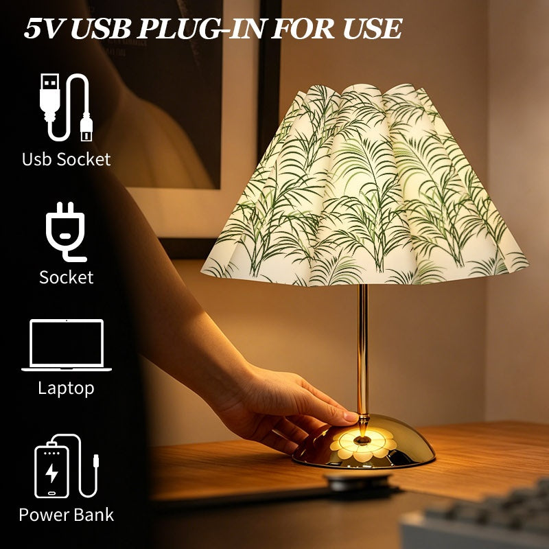 Lampe de table à abat-jour plissé imprimé de palmes vertes