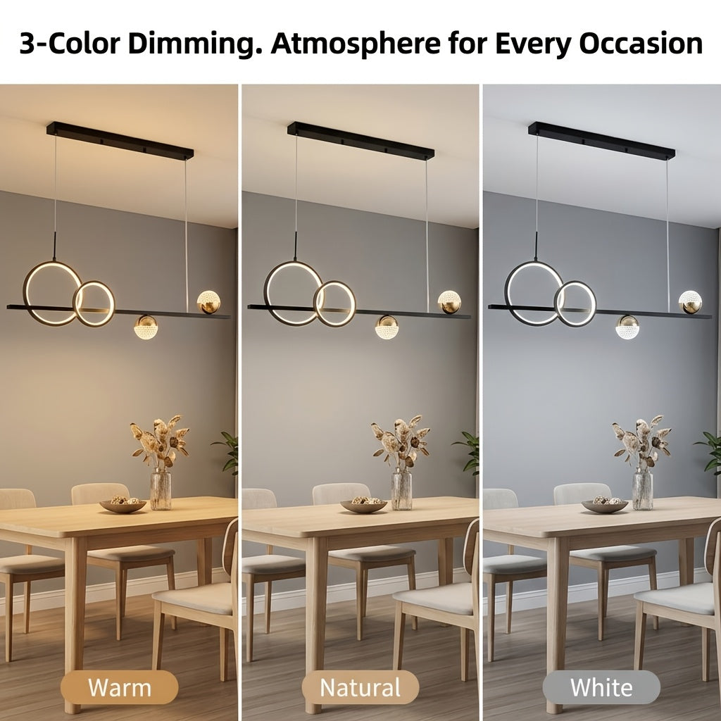Lustre LED linéaire de 100 cm, double anneau et globes de cristal