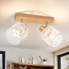 Plafonnier barre effet bois à 3 ou 4 spots grillagés blancs, E14