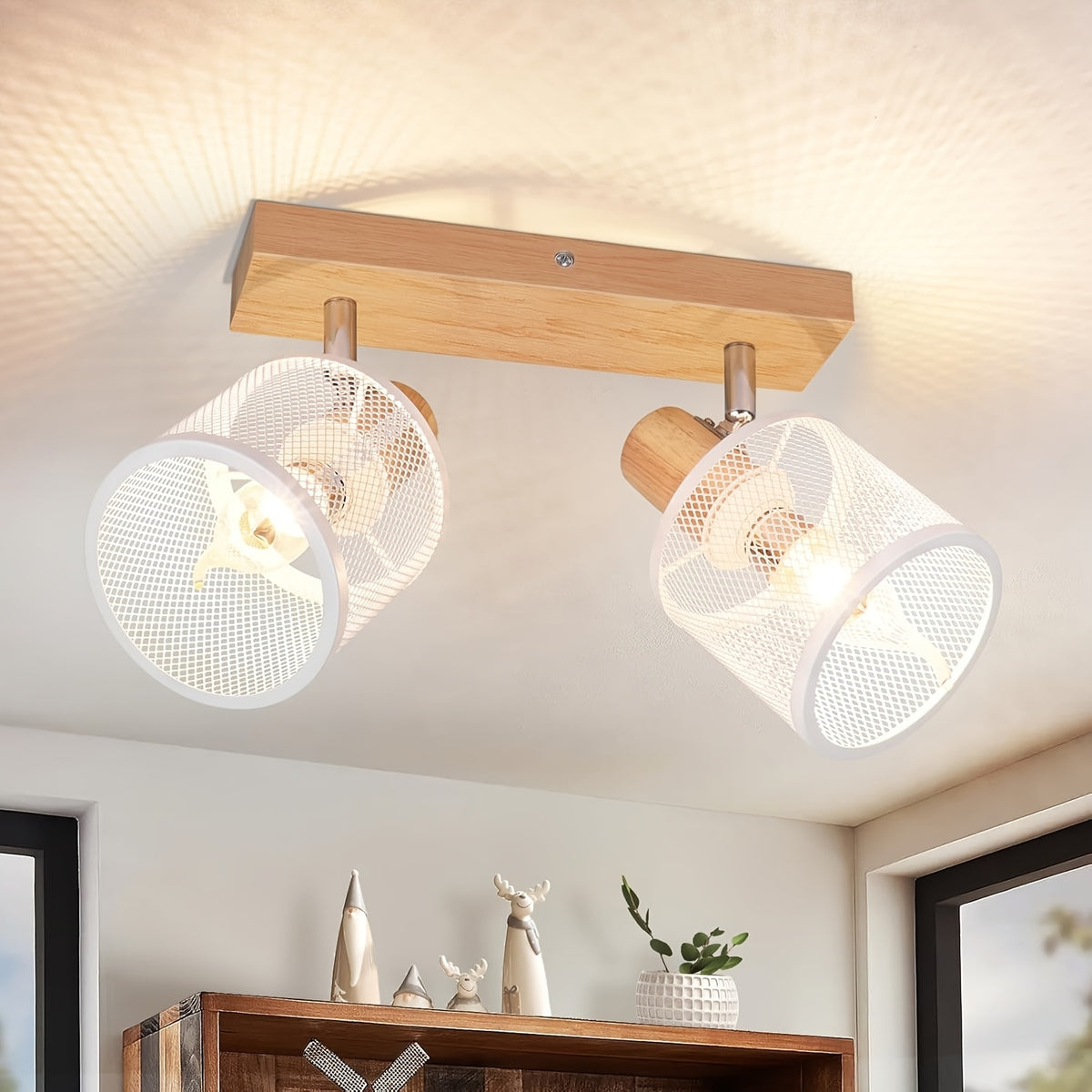 Plafonnier barre effet bois à 3 ou 4 spots grillagés blancs, E14