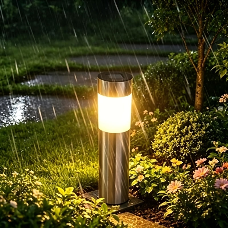 Lot de 4 bornes solaires de jardin cylindriques finition inox