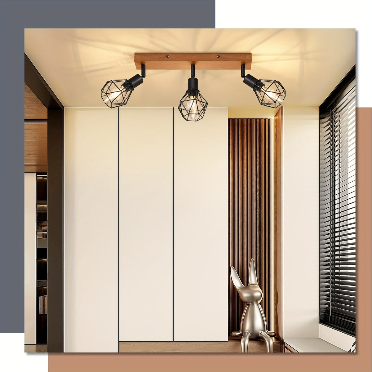 Plafonnier cages géométriques noires sur socle effet bois, 2 ou 4 E14