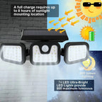 Applique solaire 74 LED à têtes orientables, 800 lumens, détecteur