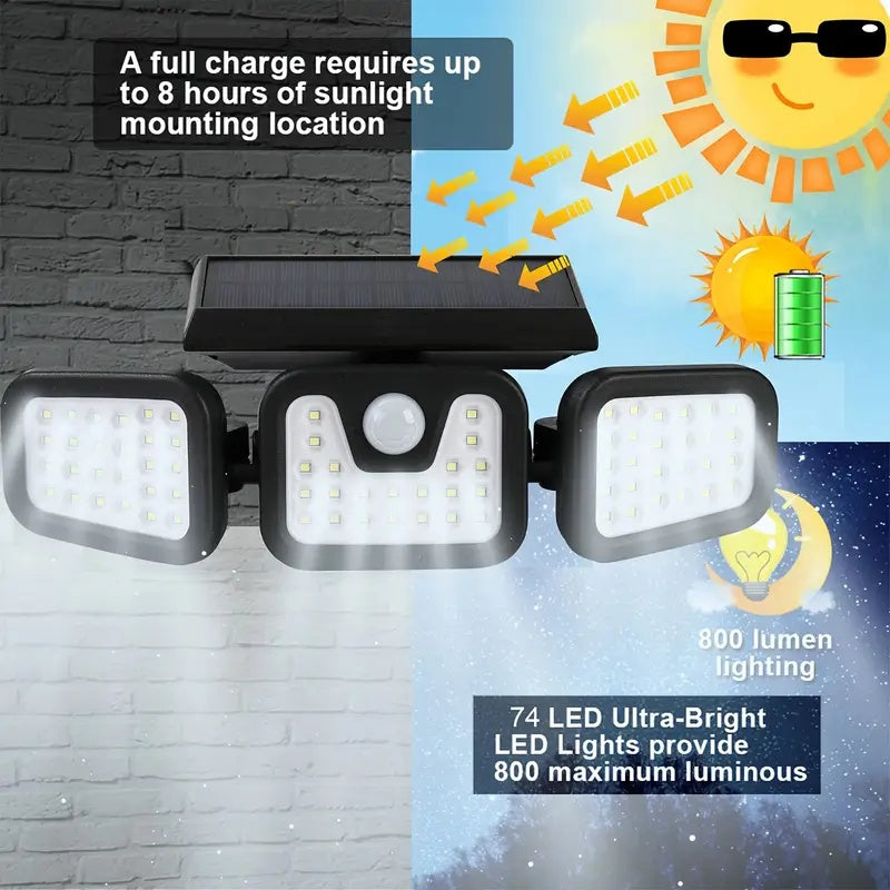 Applique solaire 74 LED à têtes orientables, 800 lumens, détecteur