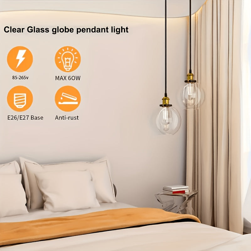 Suspension industrielle en verre clair Ø 20 cm sur câble de 100 cm