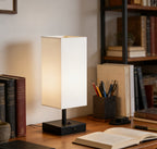 Lampe de chevet colonne carrée, abat-jour tissu blanc et socle noir