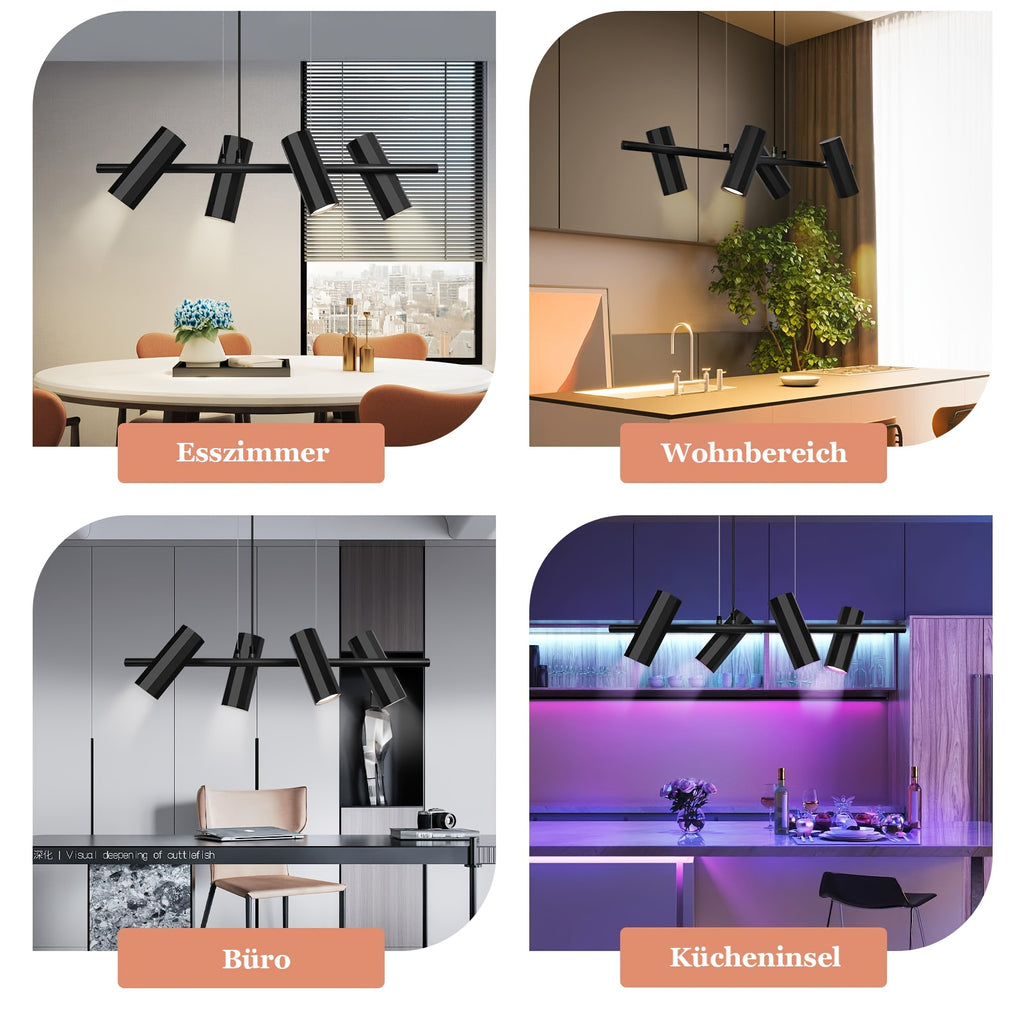 Suspension 4 spots orientables GU10 en métal noir, barre 66 cm