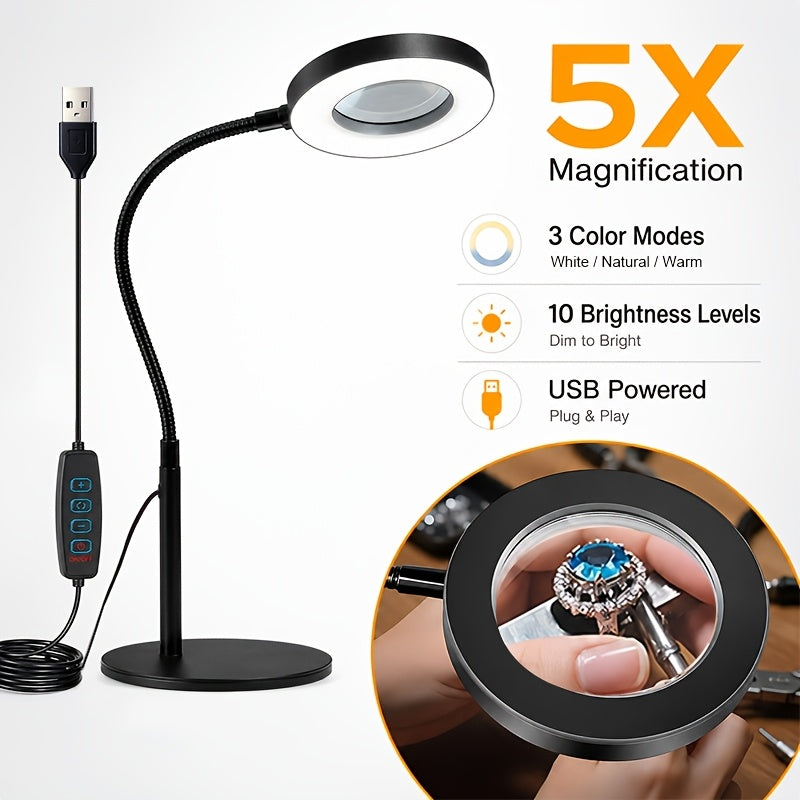 Lampe de bureau LED à loupe x5 et col de cygne, 3 teintes USB