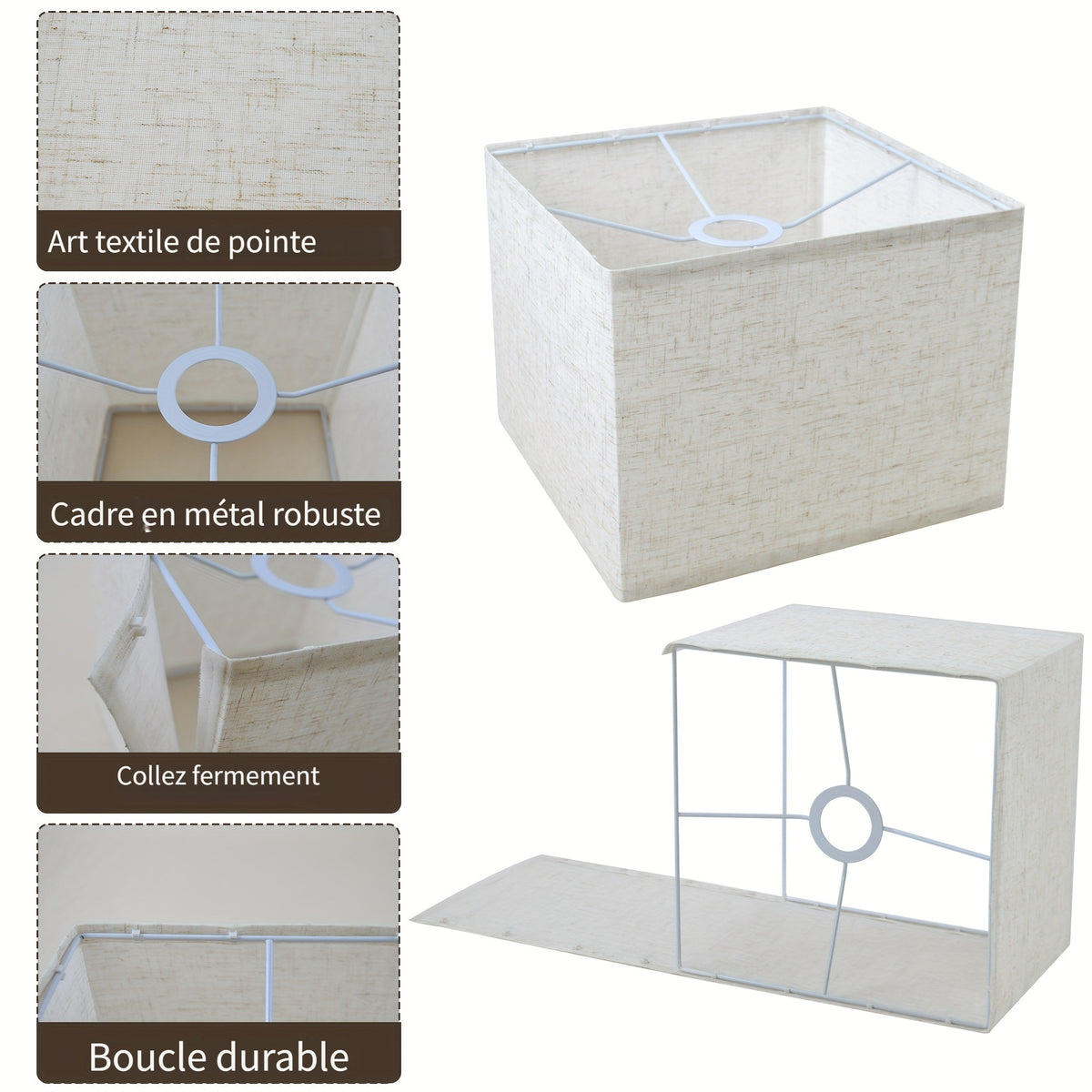 Abat-jour carré en tissu aspect lin, 26 x 26 x H 20 cm, trois coloris