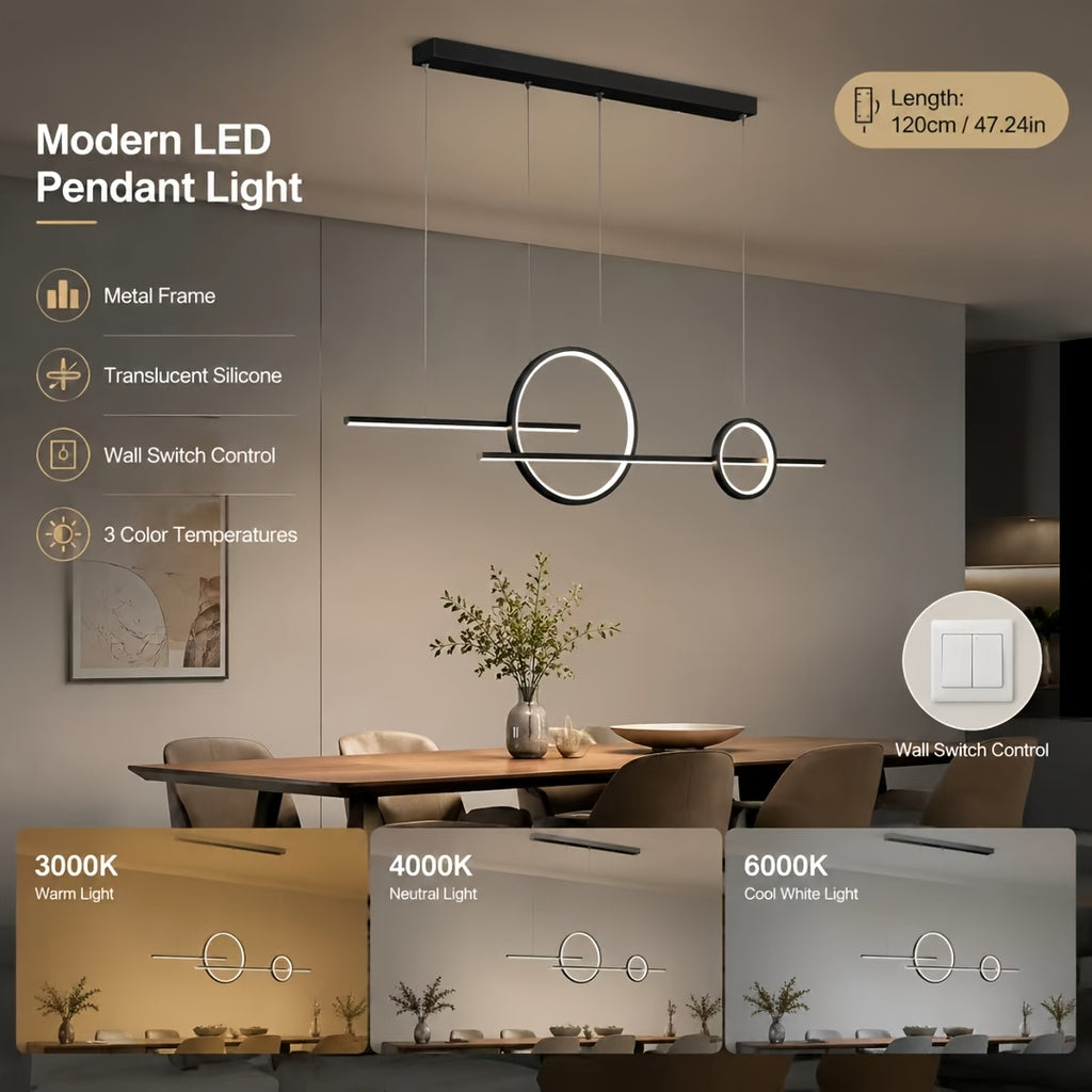Lustre LED cercles et barres sur 120 cm, en blanc, noir ou doré
