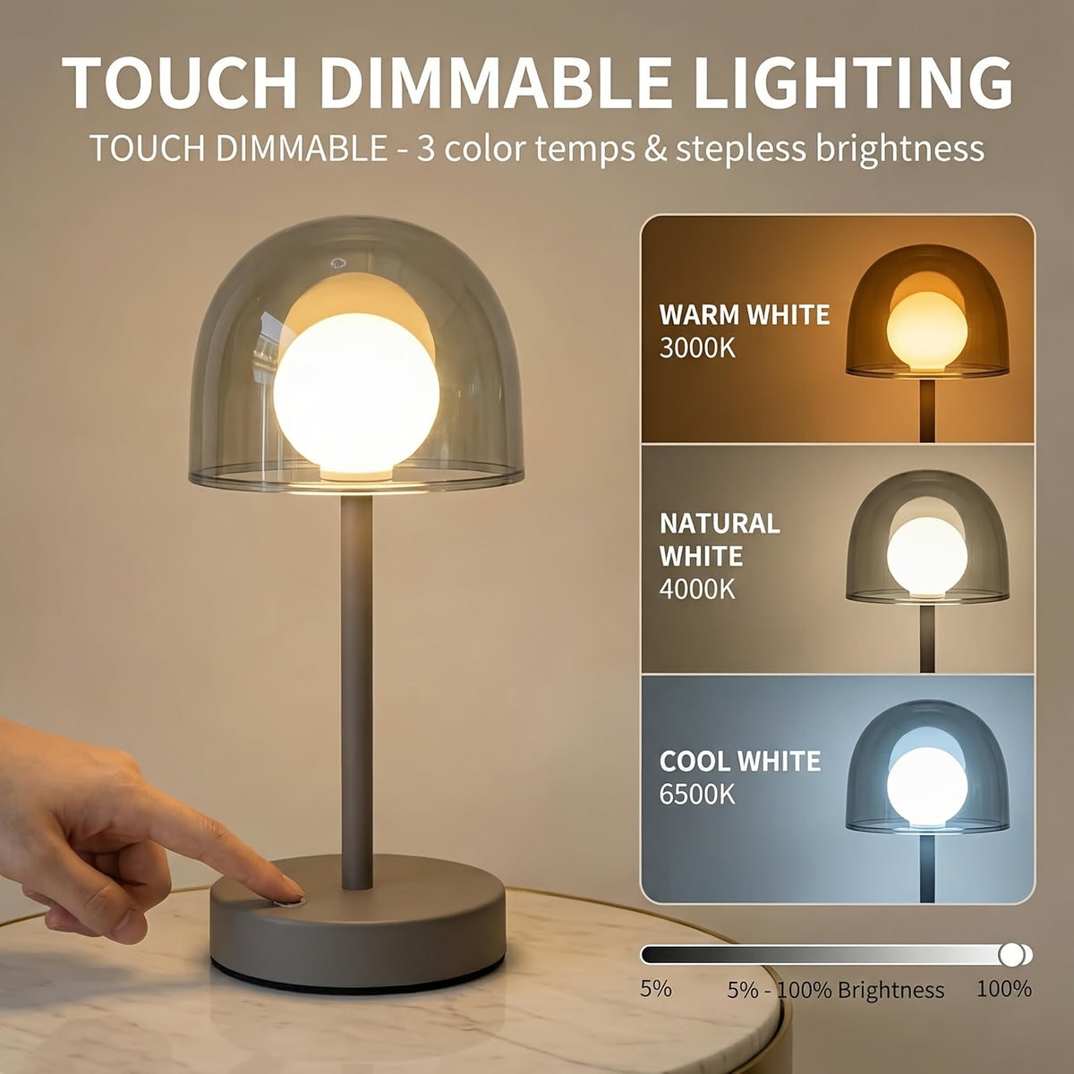 Lampe champignon rechargeable à dôme bleu ou rouge, globe blanc