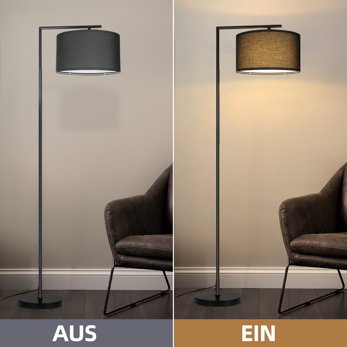 Lampadaire à potence noir, abat-jour tambour orientable, 166 cm