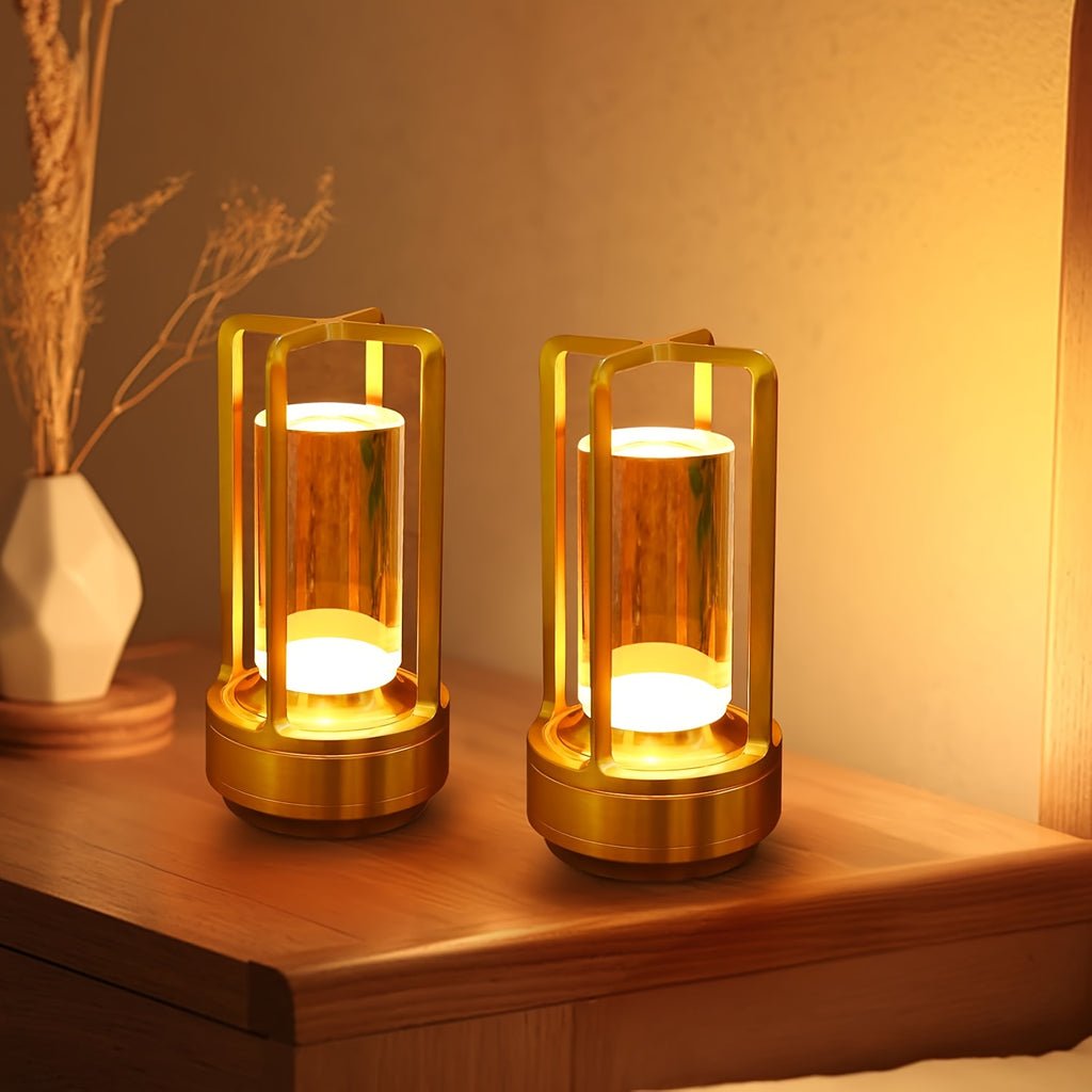 Lampe lanterne sans fil rétro, cylindre transparent et cadre métal