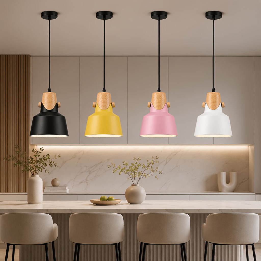 Suspension trompette, col effet bois, jaune, rose, noir ou blanc