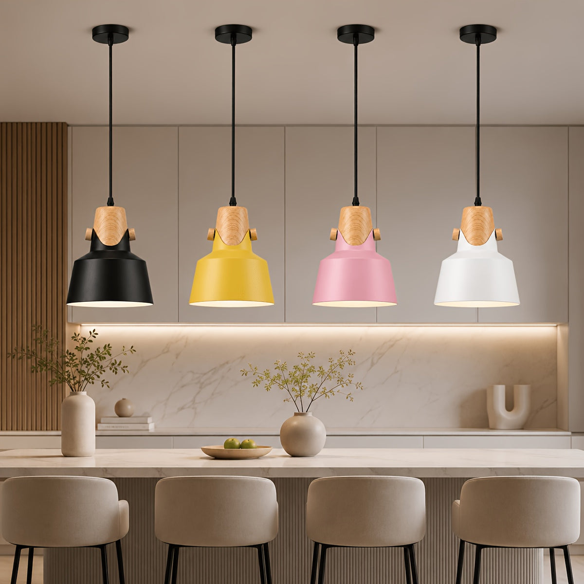 Suspension trompette, col effet bois, jaune, rose, noir ou blanc