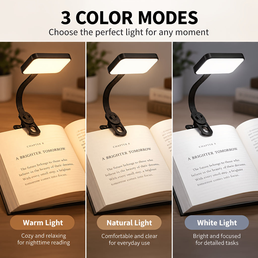 Lampe de lecture à pince noire modulable, tête amovible et bras
