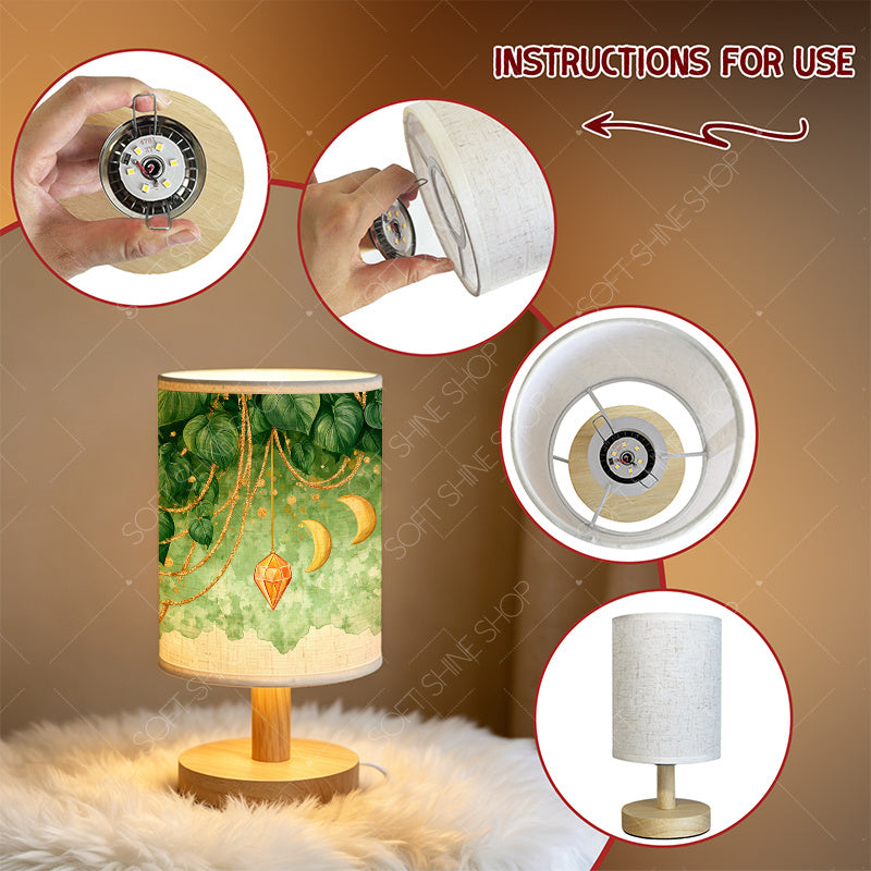 Lampe de chevet en lin à feuillage vert, lunes et cristaux dorés