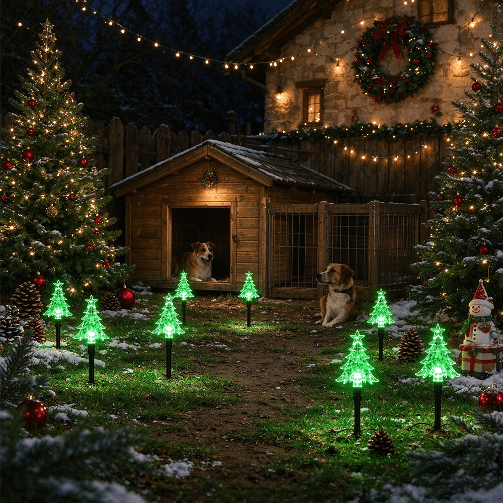 Lot de 10 sapins lumineux LED sur piquet, à piles, vert ou jaune