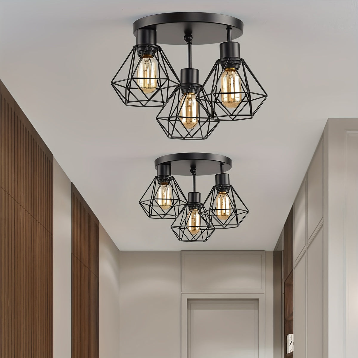 Plafonnier noir 3 lumières à cages diamant en fer, Ø 25 cm