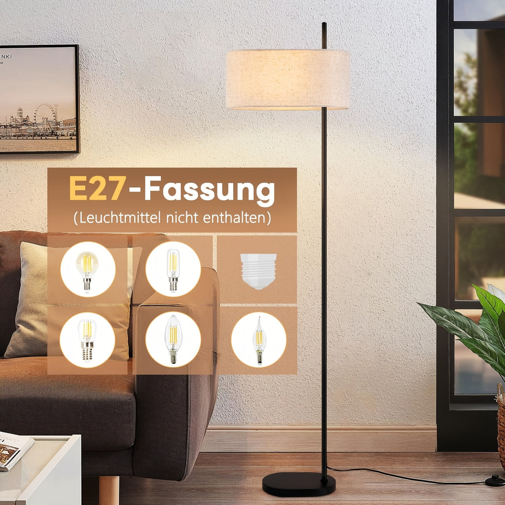 Lampadaire noir à grand abat-jour tambour en lin naturel, 154 cm
