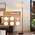 Lampadaire noir à grand abat-jour tambour en lin naturel, 154 cm