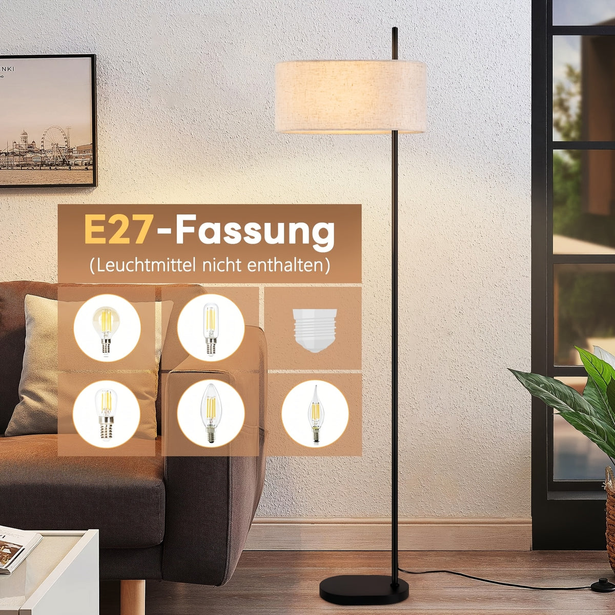 Lampadaire noir à grand abat-jour tambour en lin naturel, 154 cm