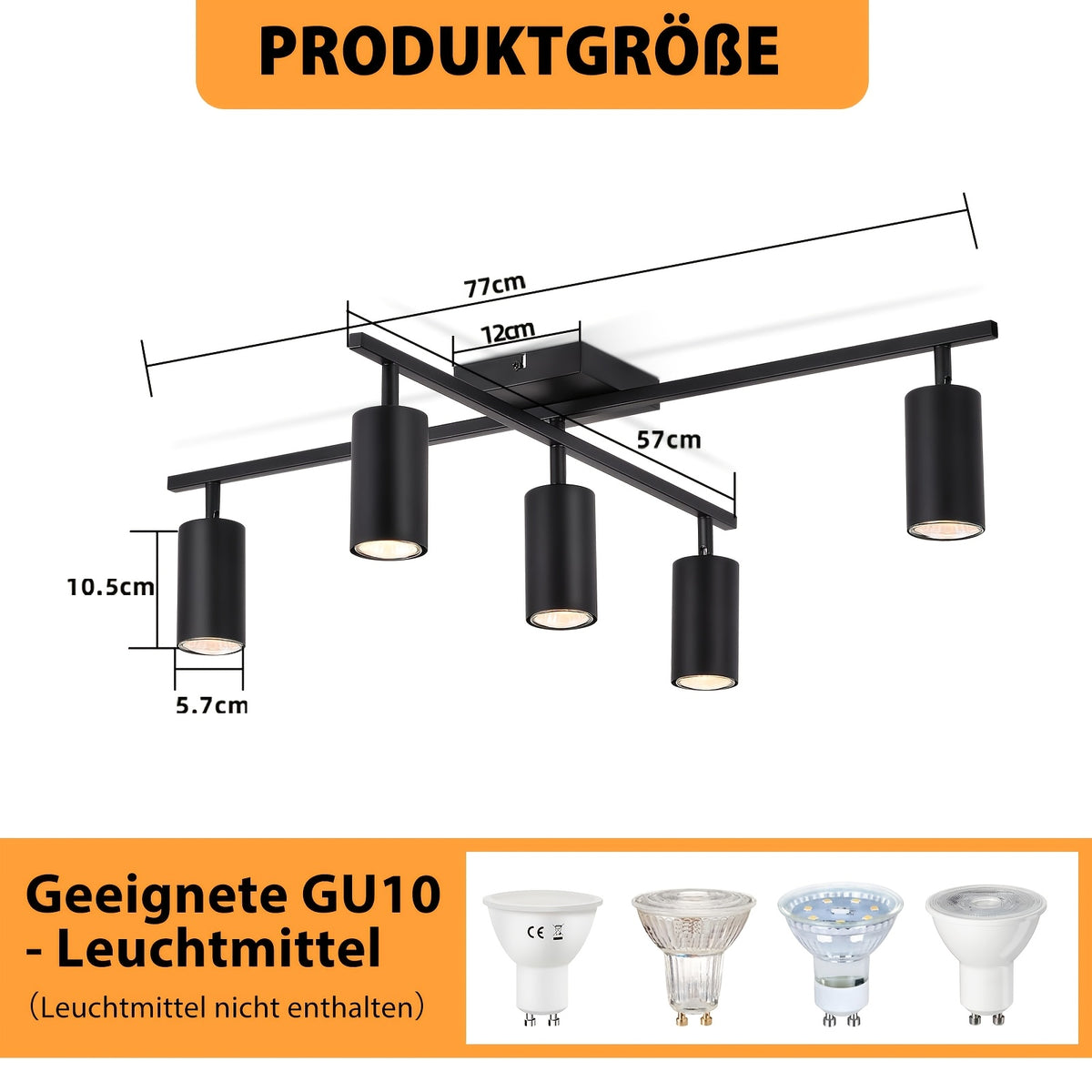 Plafonnier 5 spots GU10 orientables en croix, noir ou blanc, 77 cm