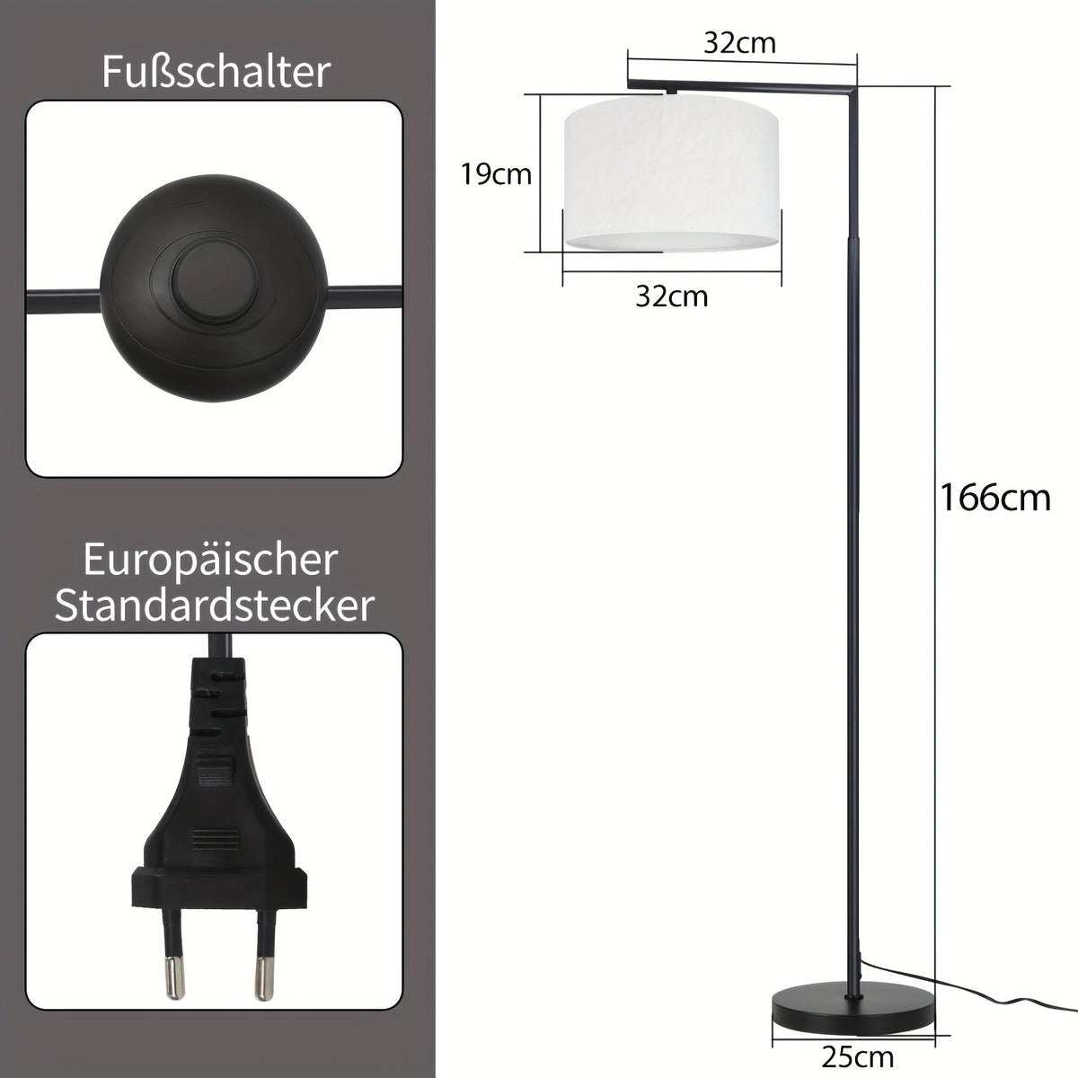 Lampadaire à potence noir, abat-jour tambour orientable, 166 cm