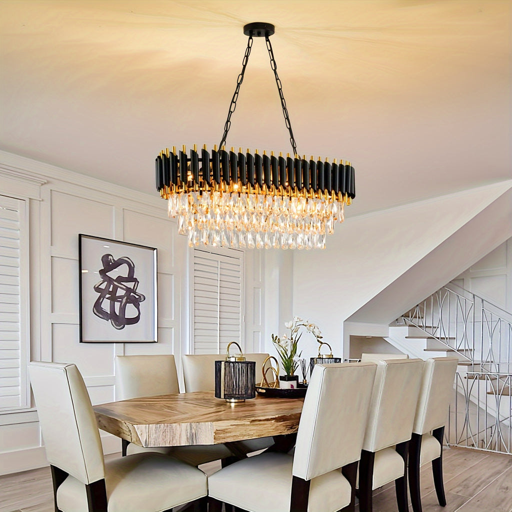 Lustre ovale noir et doré à cascade de cristal, 8 lumières E14