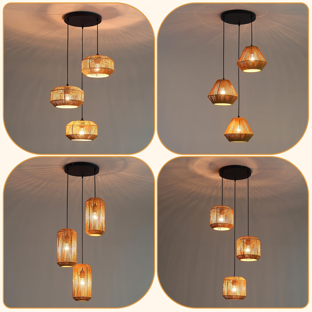 Suspension 3 lampes en corde de papier, cylindres en grappe
