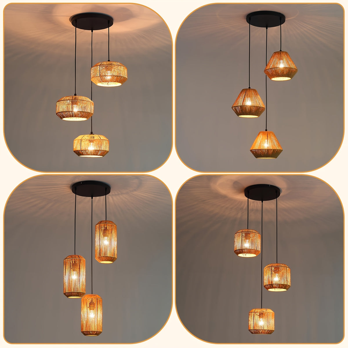Suspension 3 lampes en corde de papier, cylindres en grappe