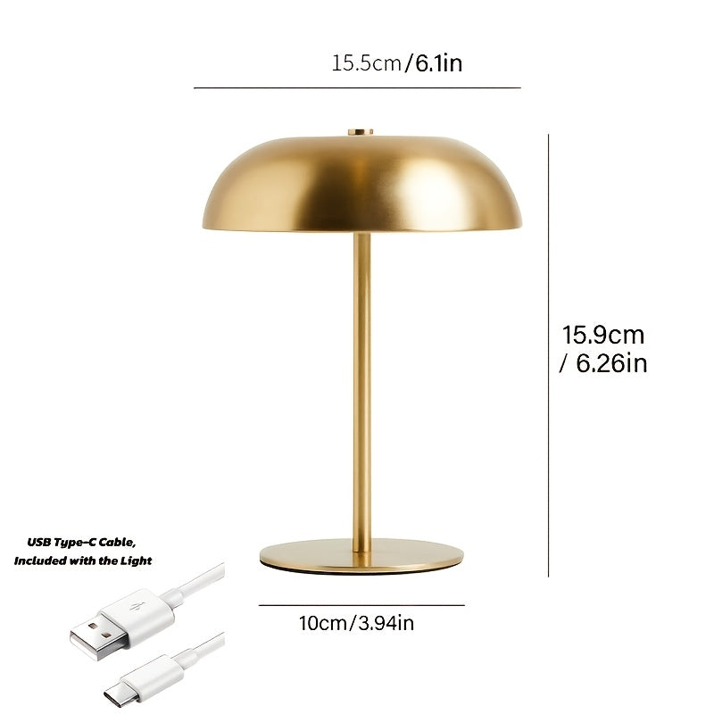Lampe à poser champignon dorée sans fil, dôme métal et touche tactile