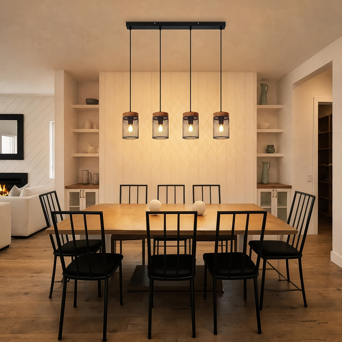 Un luminaire d'îlot de cuisine en bois et métal