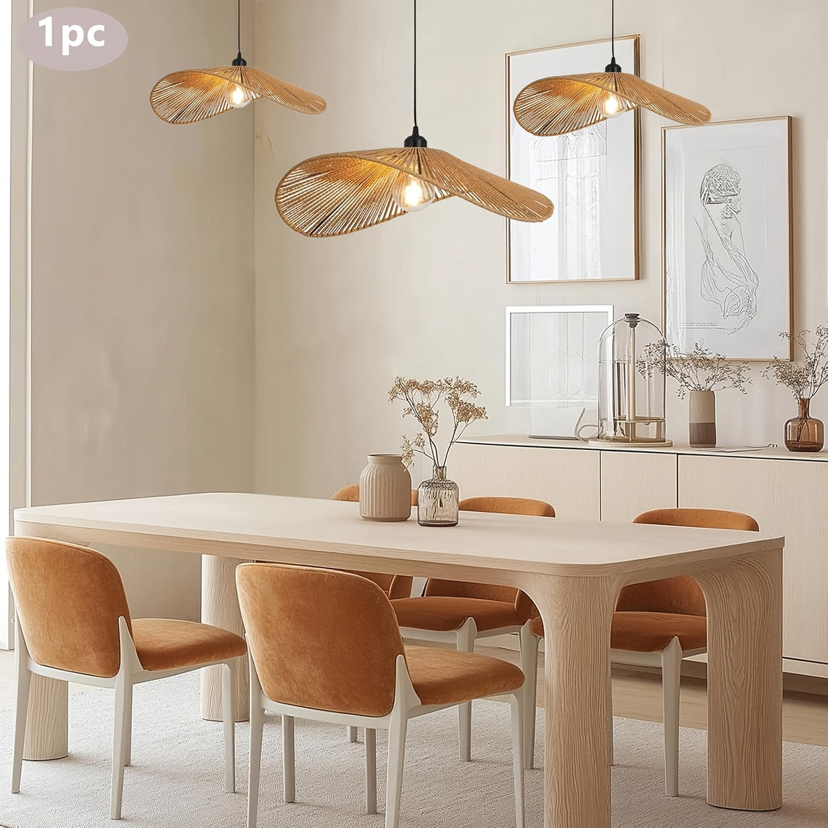 Suspension chapeau en rotin tressé ondulé, Ø 50 cm, style wabi-sabi