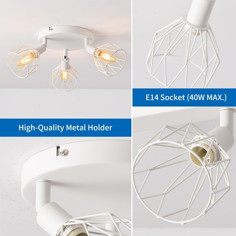 Plafonnier 3 cages blanches pivotantes sur platine ronde, E14