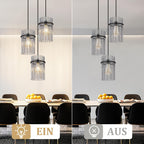 Suspension 3 lampes à baguettes de verre fumé, rosace ou barre