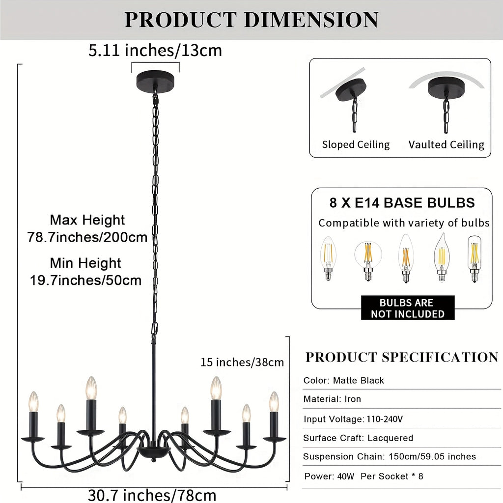 Lustre noir à 8 bougies E14 en fer, Ø 78 cm, chaîne réglable