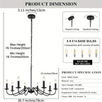 Lustre noir à 8 bougies E14 en fer, Ø 78 cm, chaîne réglable