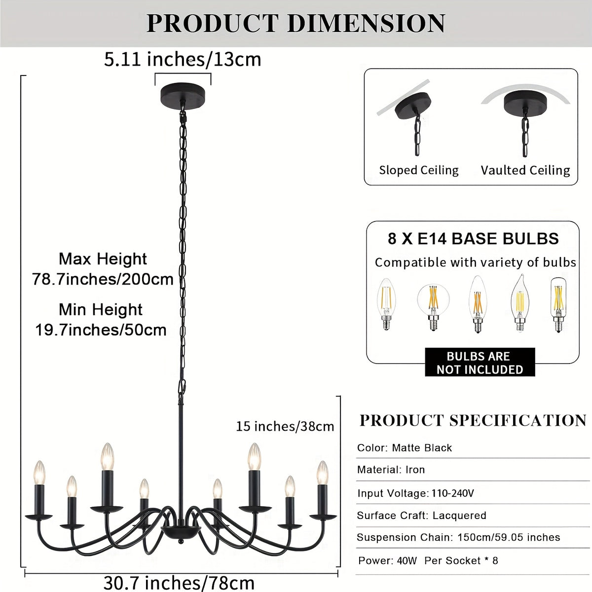 Lustre noir à 8 bougies E14 en fer, Ø 78 cm, chaîne réglable