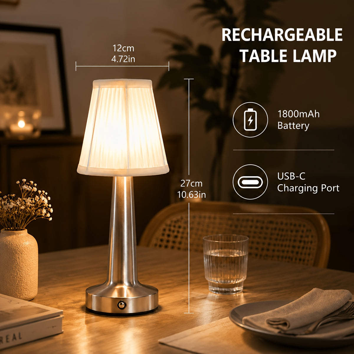 Lampe sans fil rechargeable à abat-jour plissé et pied conique