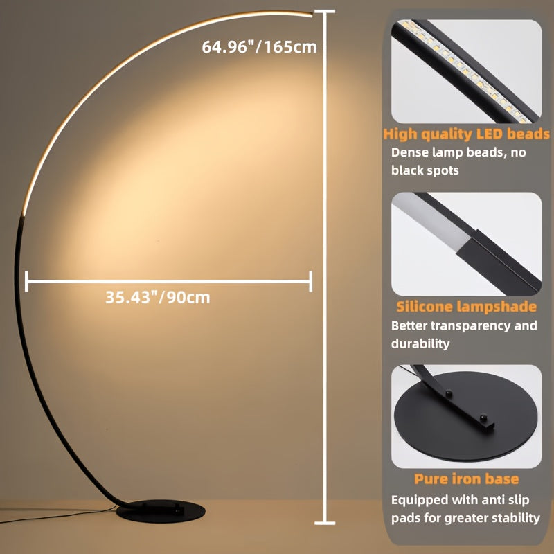 Lampadaire arc LED noir ou blanc à diffuseur silicone, 165 cm
