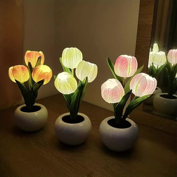 Lampe décorative bouquet de tulipes LED en pot céramique