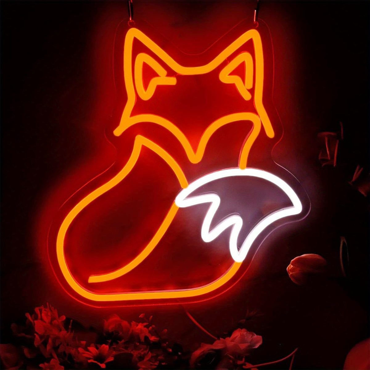 Néon LED renard orange et blanc sur plaque acrylique, 34 x 30 cm