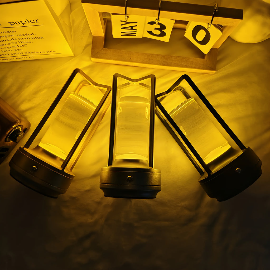 Lampe lanterne sans fil rétro, cylindre transparent et cadre métal