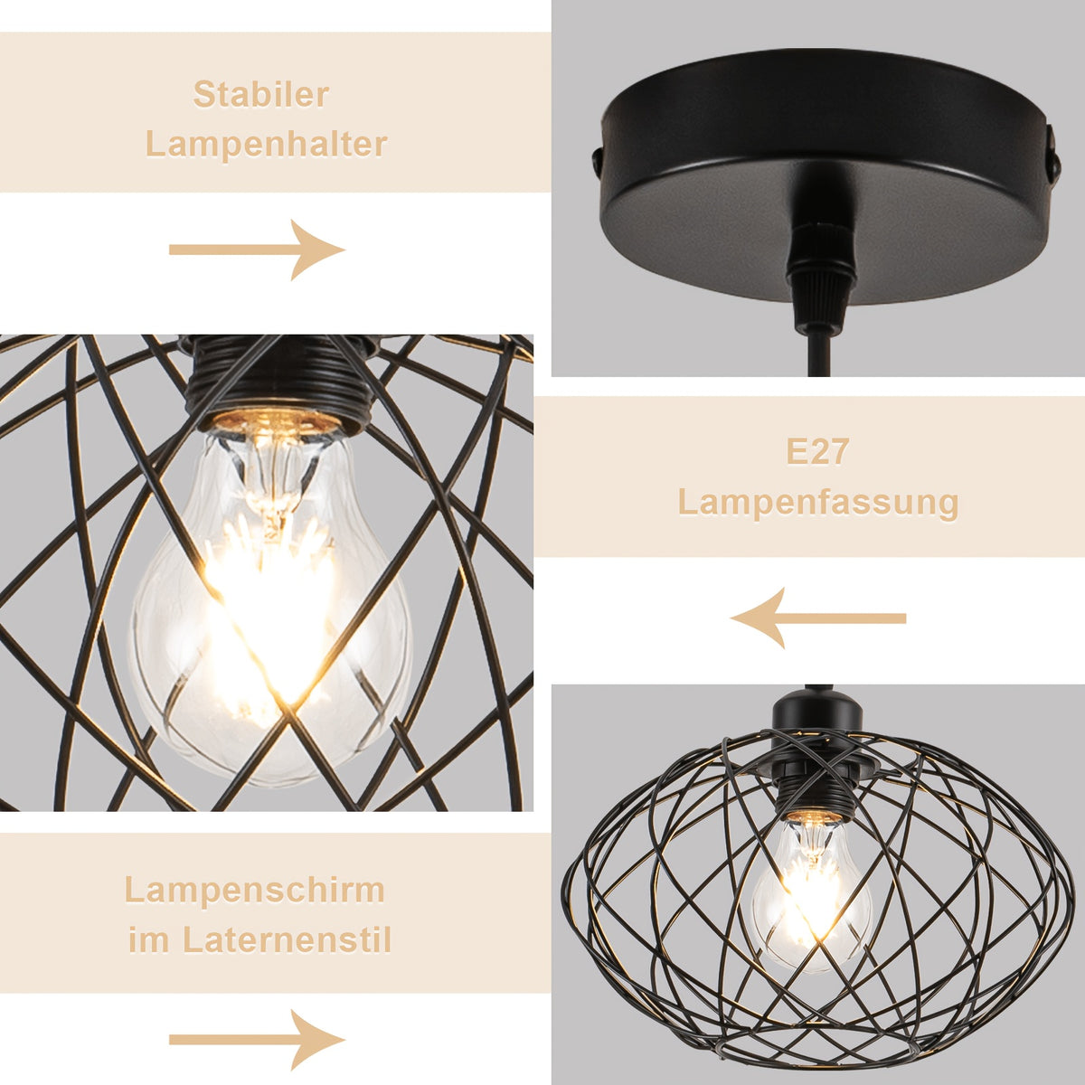 Suspension cage ovale en fil de métal noir mat, Ø 25 cm, E27