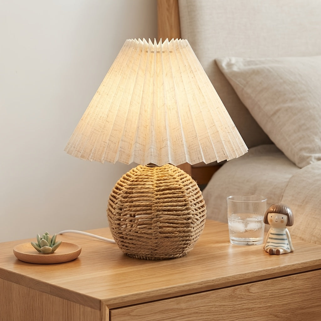 Lampe de chevet bohème, abat-jour plissé en lin et pied en corde