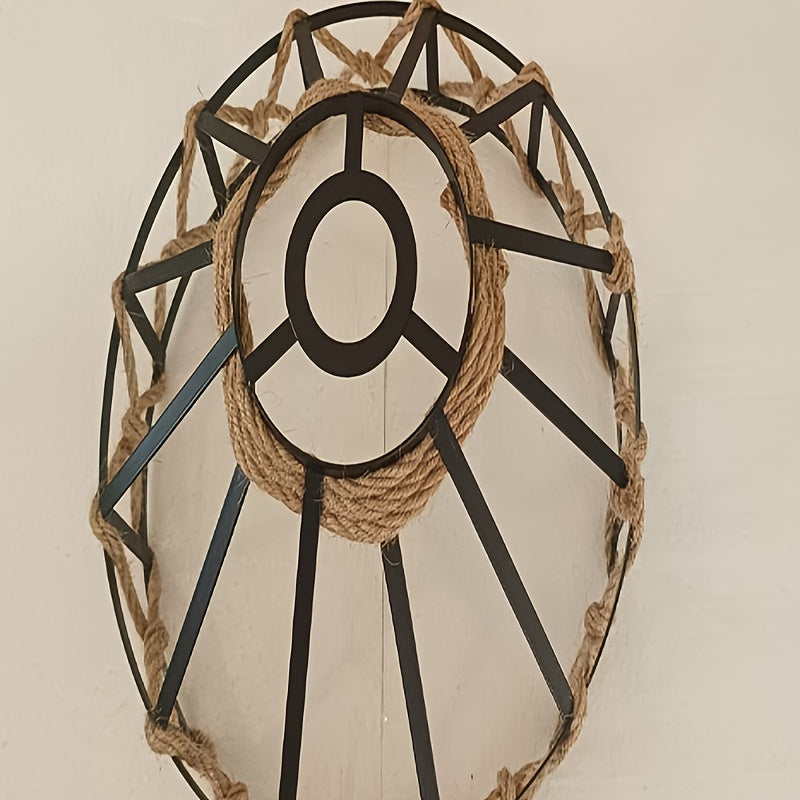 Abat-jour cage vintage en métal noir et corde de chanvre, Ø 30 cm