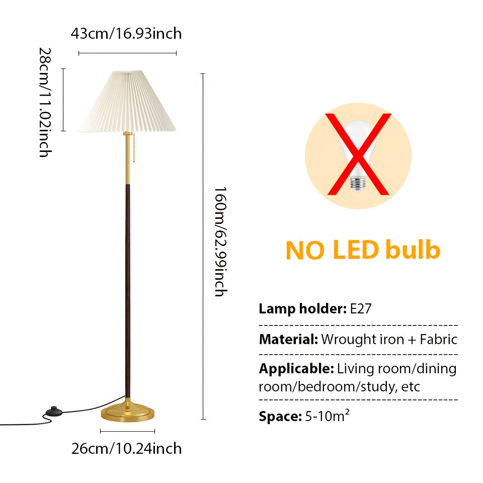 Lampadaire rétro à abat-jour plissé et finitions dorées, 160 cm